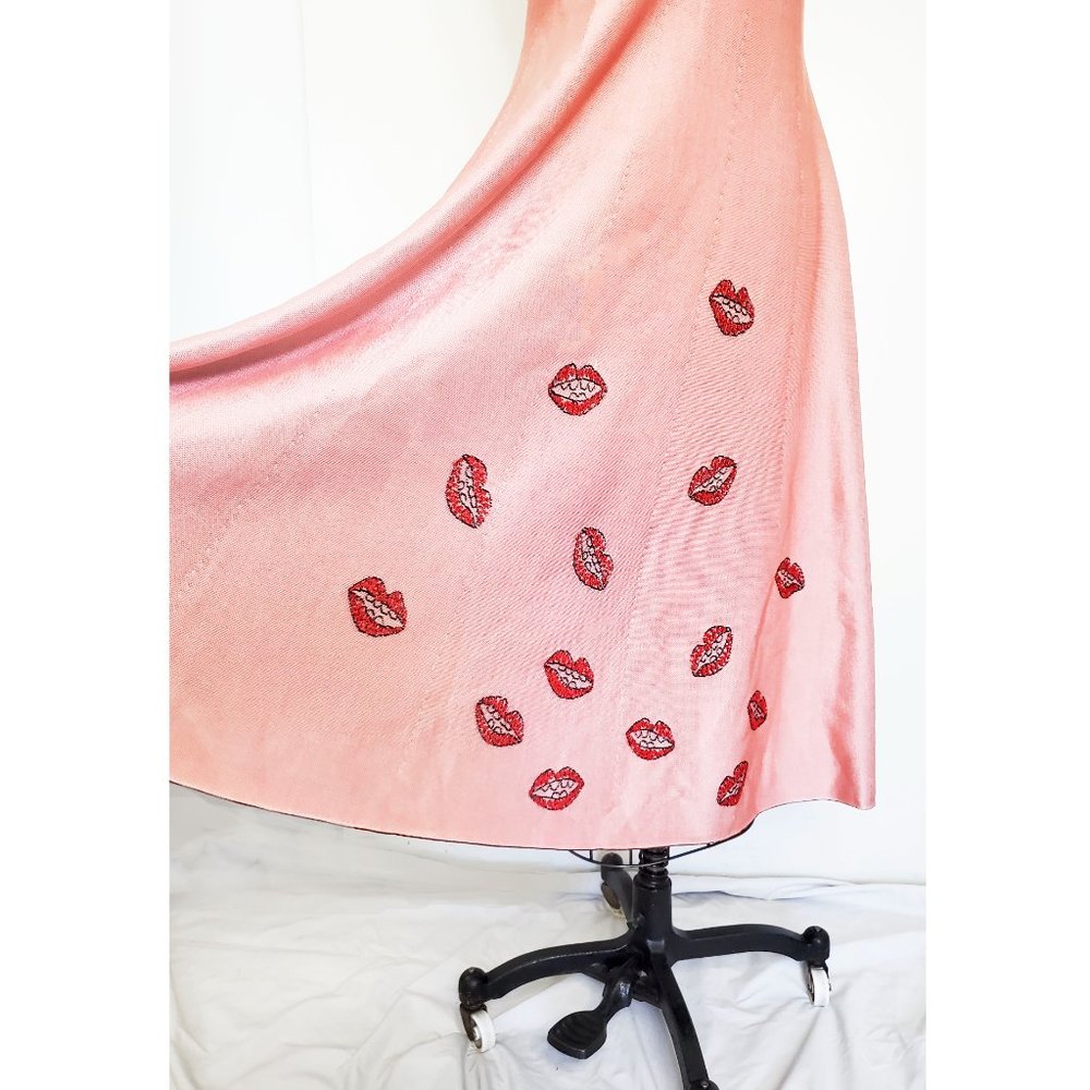 JIMI ROOS Women's RARE Pink Knit Fit and Flare Dress Whimsical Red Lips S/M - Picture 4 of 15